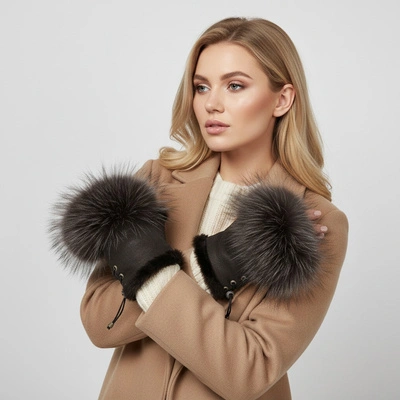 Fingerlose Handschuhe LUKA-PELLI - Rękawiczki Bez Palców Z Naturalnym Futrem Jenot Czekolada